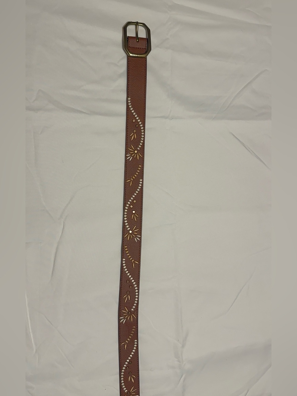 XL Boho Floral Studded Brown Faux Leather Belt Brass Buckle Western 45”